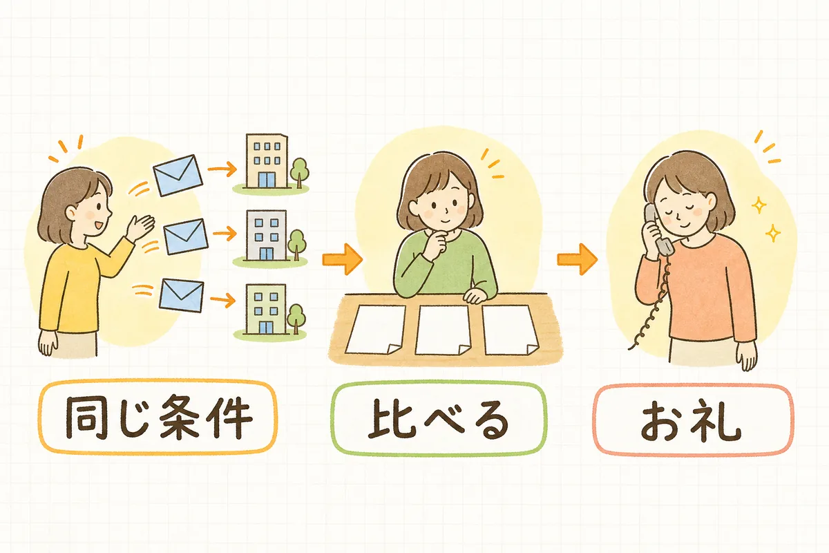 3社に同じ資料を送り、届いた見積もりを並べて比べ、最後に選ばなかった会社にもお礼を伝える、相見積もりの流れを示した図