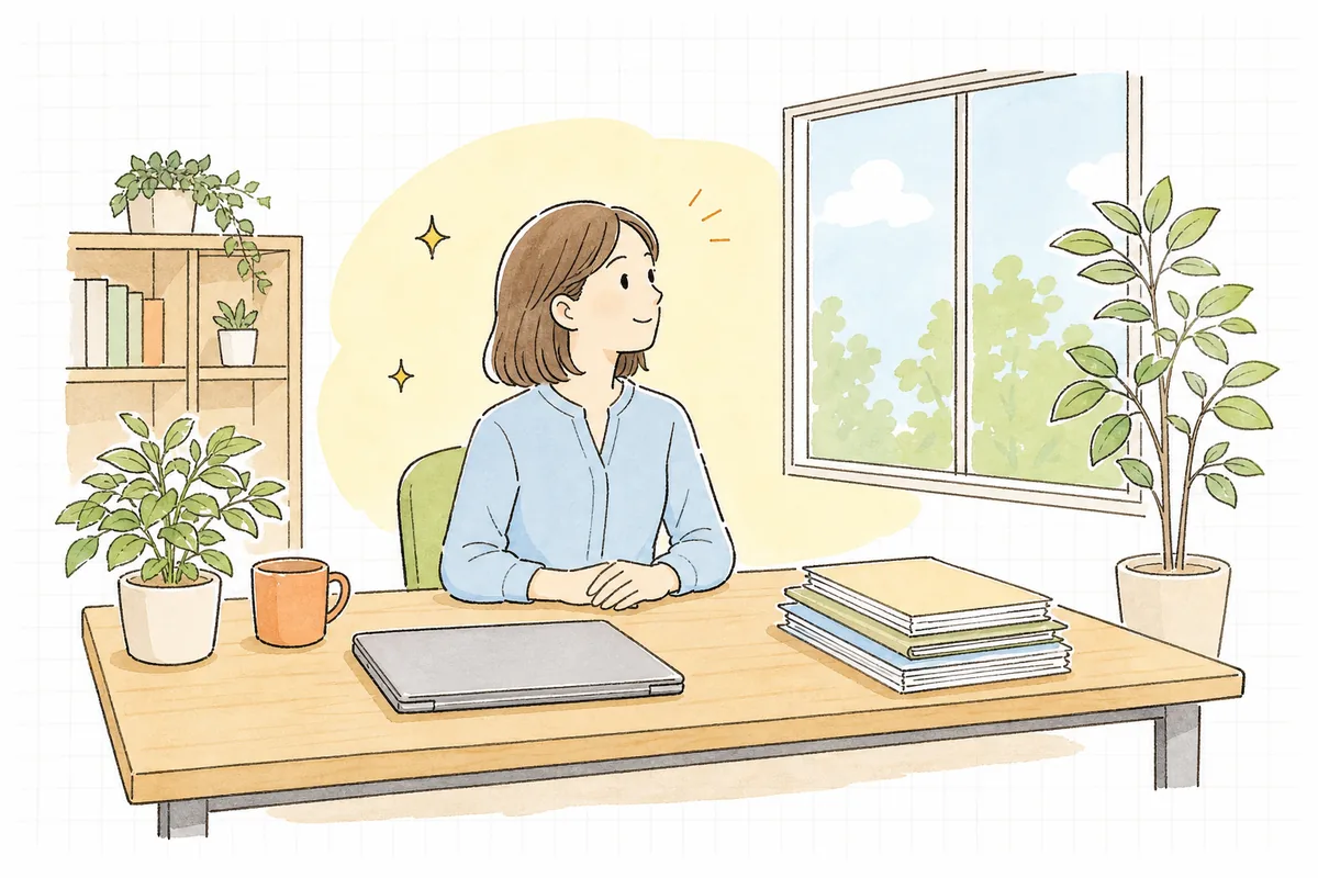 見積もりの比較を終え、制作会社とのやり取りを気持ちよく締めくくって、すっきりした表情で前を向く企業のWEB担当者