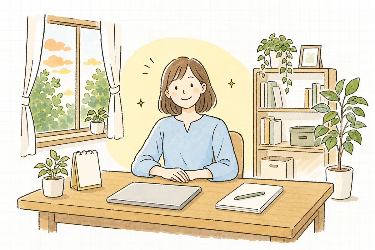 整理された明るい机で、確認を終えて少しほっとした表情で前を向いている担当者