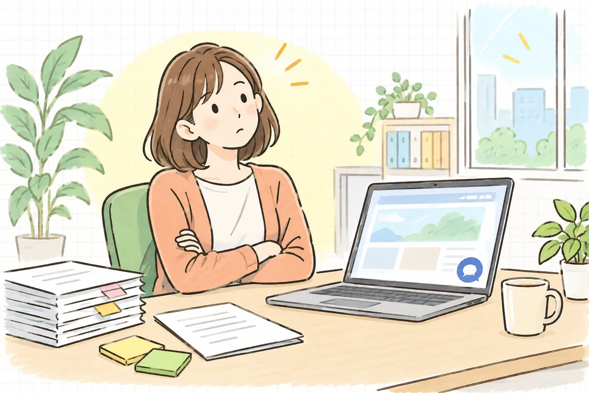 自席でノートパソコンの画面を見ながら、チャットボットを置くかどうか、腕を軽く組んで落ち着いて考えているWEB担当者