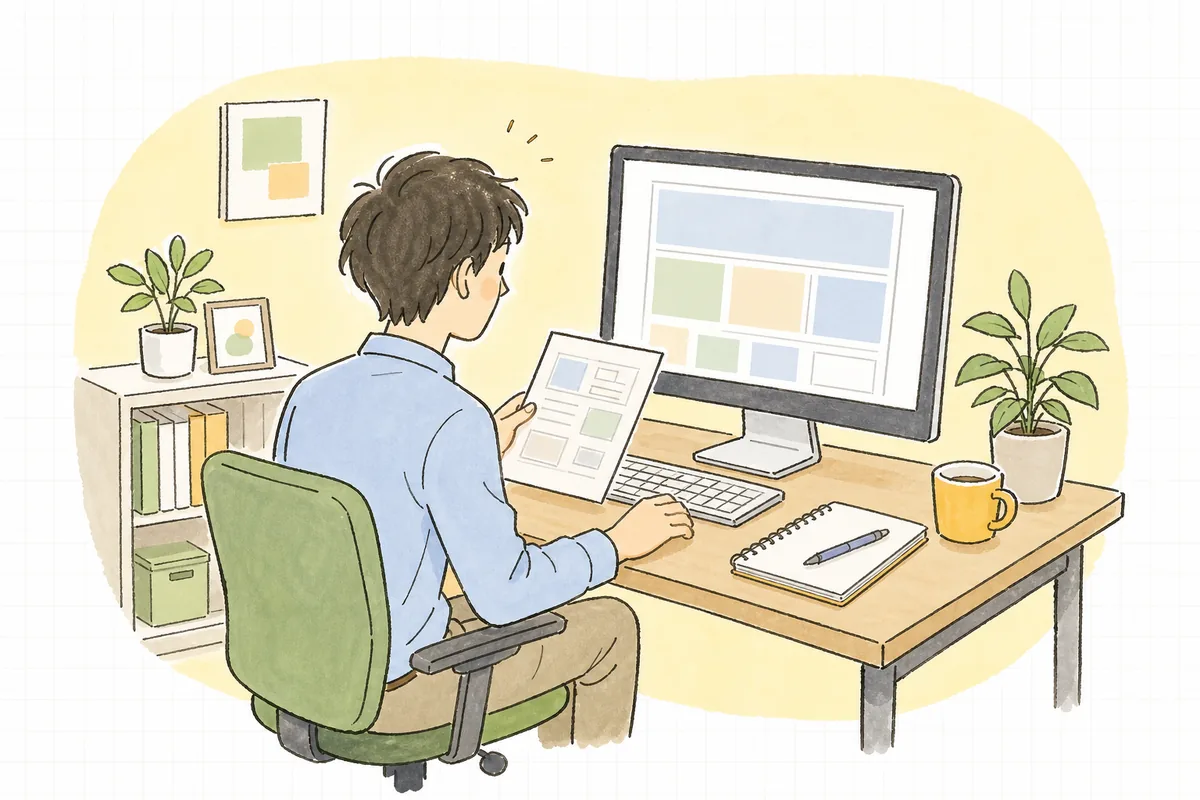 パソコンで競合他社のサイトを開き、手元のメモと見比べながら自社との違いを落ち着いて確認している企業のWEB担当者