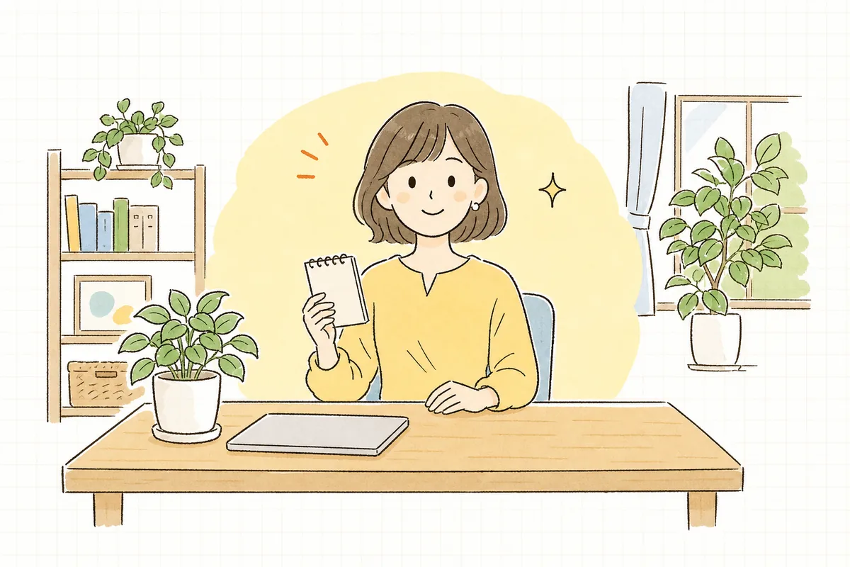 明るいオフィスでメモを見ながら、次にやることが1つ決まってすっきり前を向く企業のWEB担当者