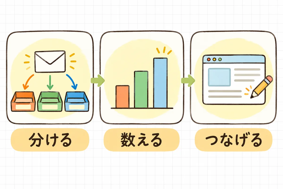 問い合わせ内容の分類と分析の3ステップ「分ける」「数える」「つなげる」を、それぞれの絵と組み合わせて左から右に並べた概念図