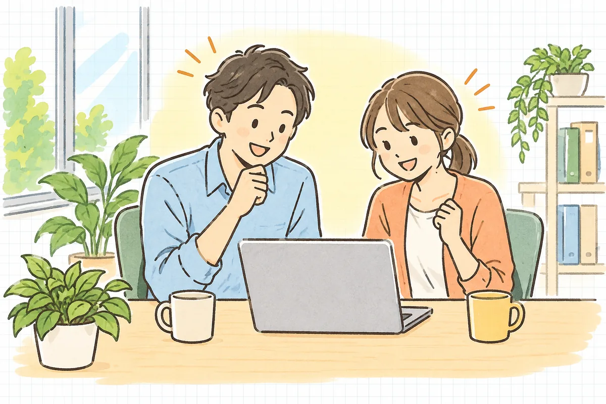 問い合わせの共有の仕組みが回り始め、同僚と笑顔でうなずき合う企業のWEB担当者