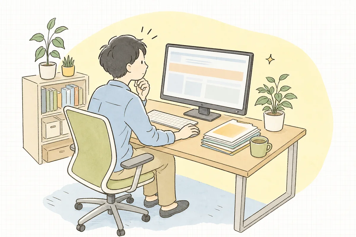 オフィスの机でパソコンを開き、自社サイトに表示されたバナーらしき帯を見ながら「これ、うちにも必要かな」と少し迷った表情で考えている企業のWEB担当者