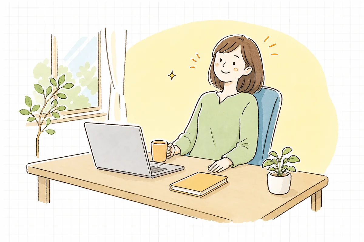 デザイン案の確認を終えて制作会社へ返事を送り、肩の力を抜いて穏やかにひと息ついている企業のWEB担当者