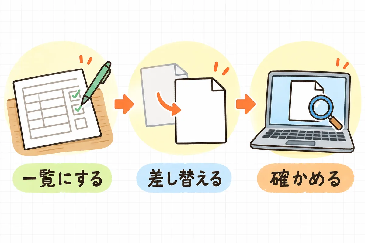 PDF差し替えの手順を、左から「一覧表を作る」「同じ名前で上書きする」「ダウンロードして開いて確かめる」の3場面で示した図