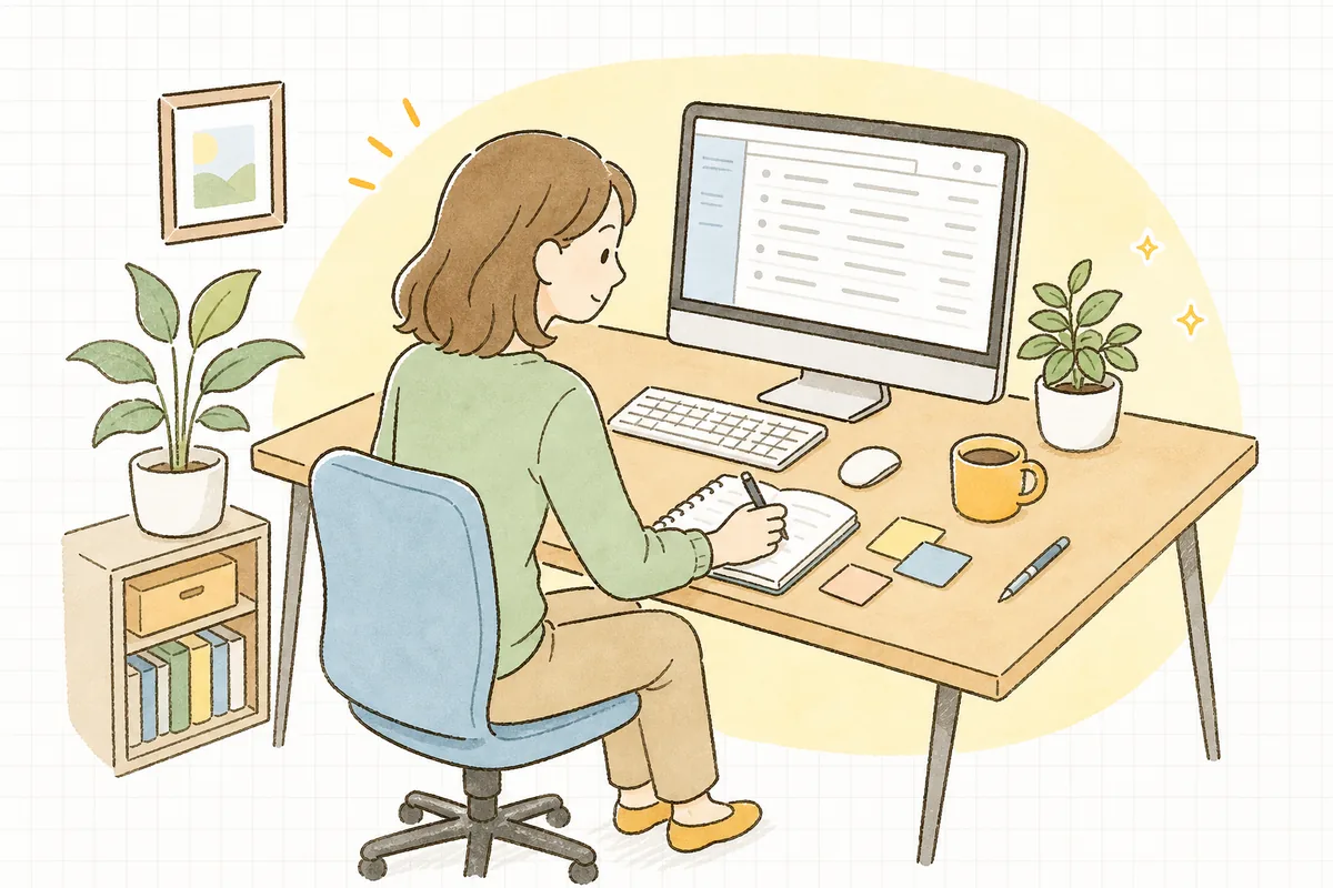 パソコンで問い合わせメールを見返しながら、よくある質問ページに載せる項目を書き出している企業のWEB担当者
