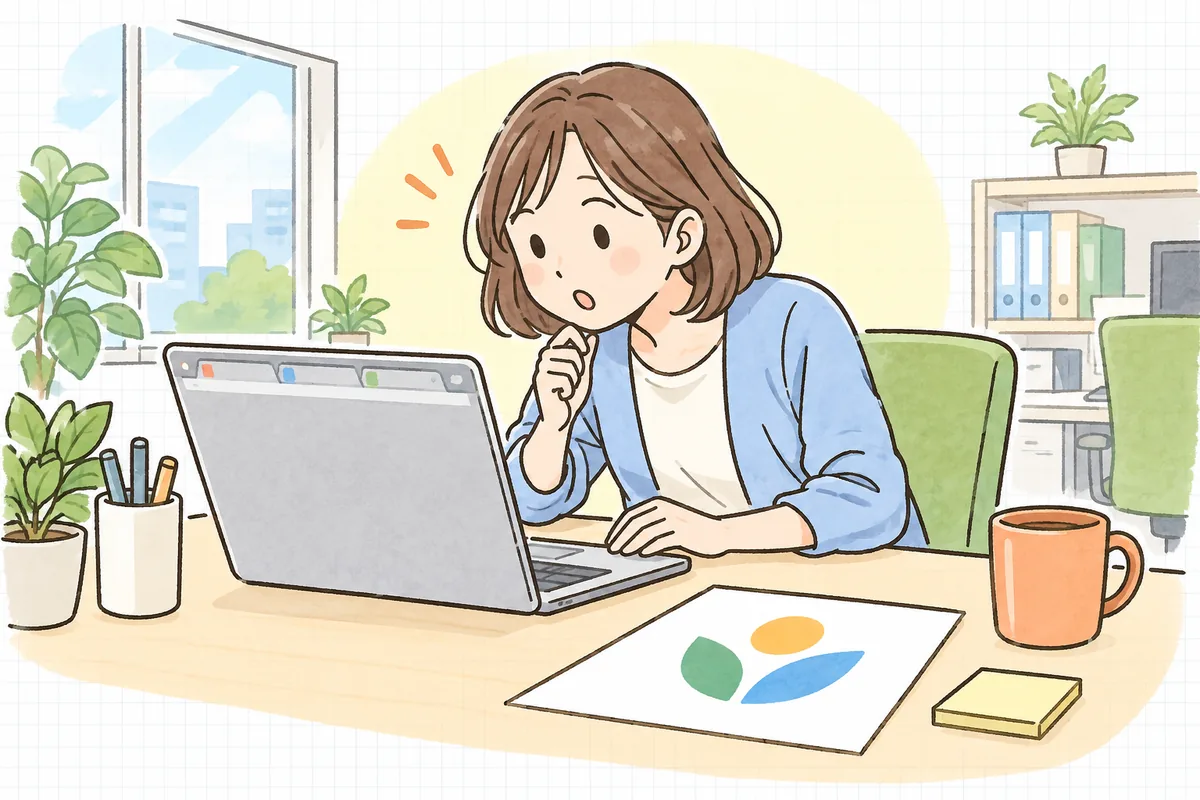 自席でノートパソコンのブラウザのタブを見つめ、小さなアイコンに気づいて少し身を乗り出しているWEB担当者