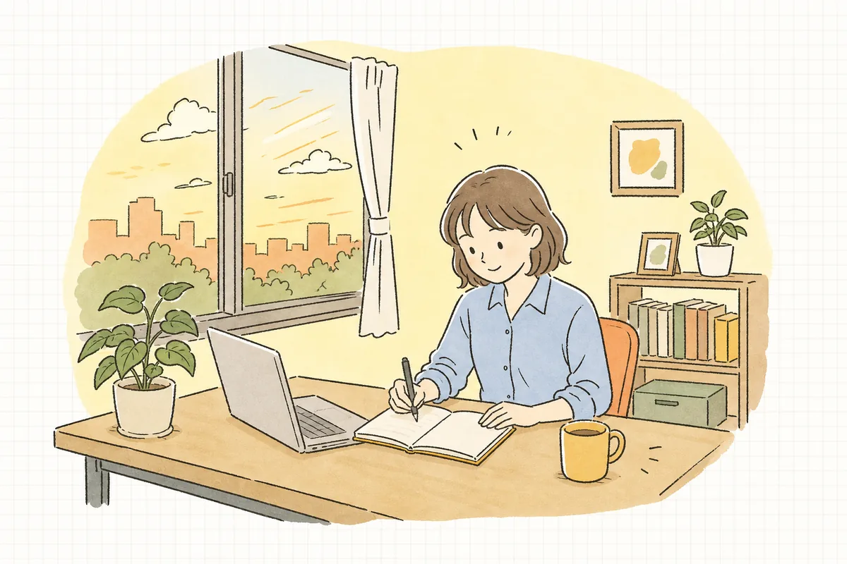 夕方の明るいオフィスで、設定を終えて少しほっとした表情でノートに一行書き留めているWEB担当者