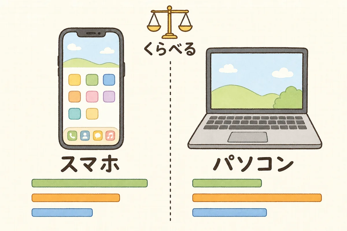スマートフォンとノートパソコンを左右に並べ、同じ指標を上下に並べた棒で見比べる様子を示した概念図