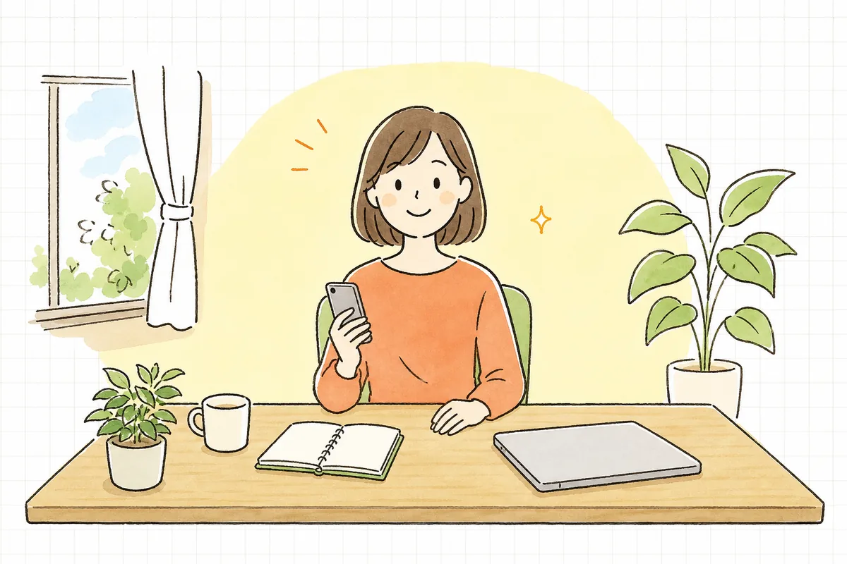 明るいオフィスでスマートフォンを片手に、直す場所が決まって落ち着いた表情で前を向いている企業のWEB担当者