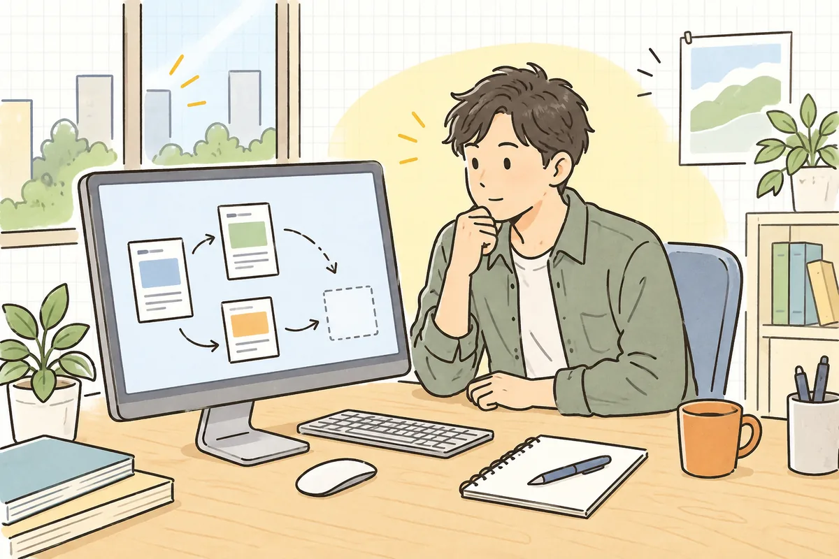 オフィスの机でパソコンのアクセス解析画面を見ながら、訪問者がどのページでサイトを離れているのかを考えている企業のWEB担当者