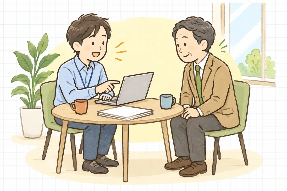 照合が終わった月次報告を上司に見せながら、落ち着いた笑顔で説明している企業のWEB担当者と、うなずく上司