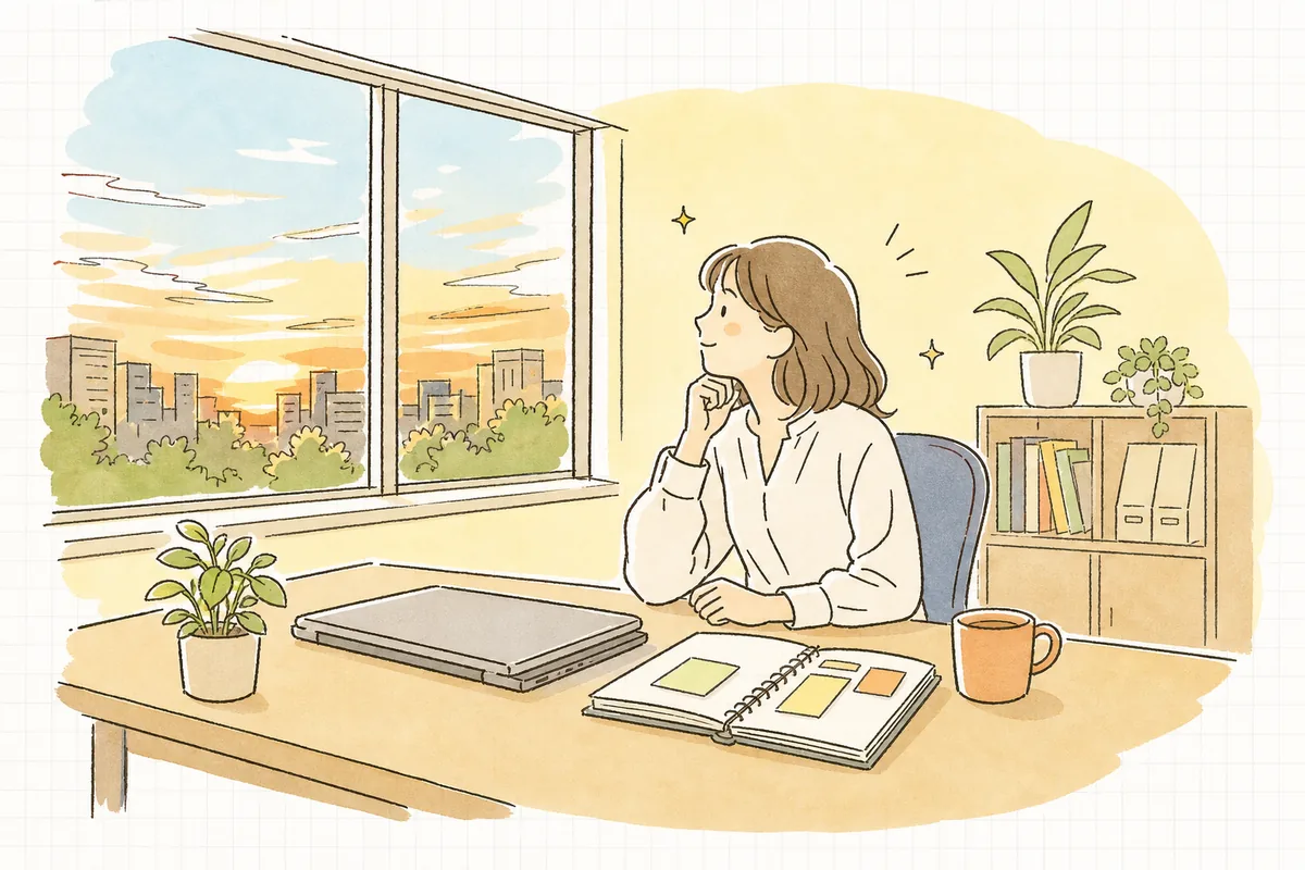 夕方の明るいオフィスで、確認を終えて少しほっとした表情で窓の外を眺めるWEB担当者