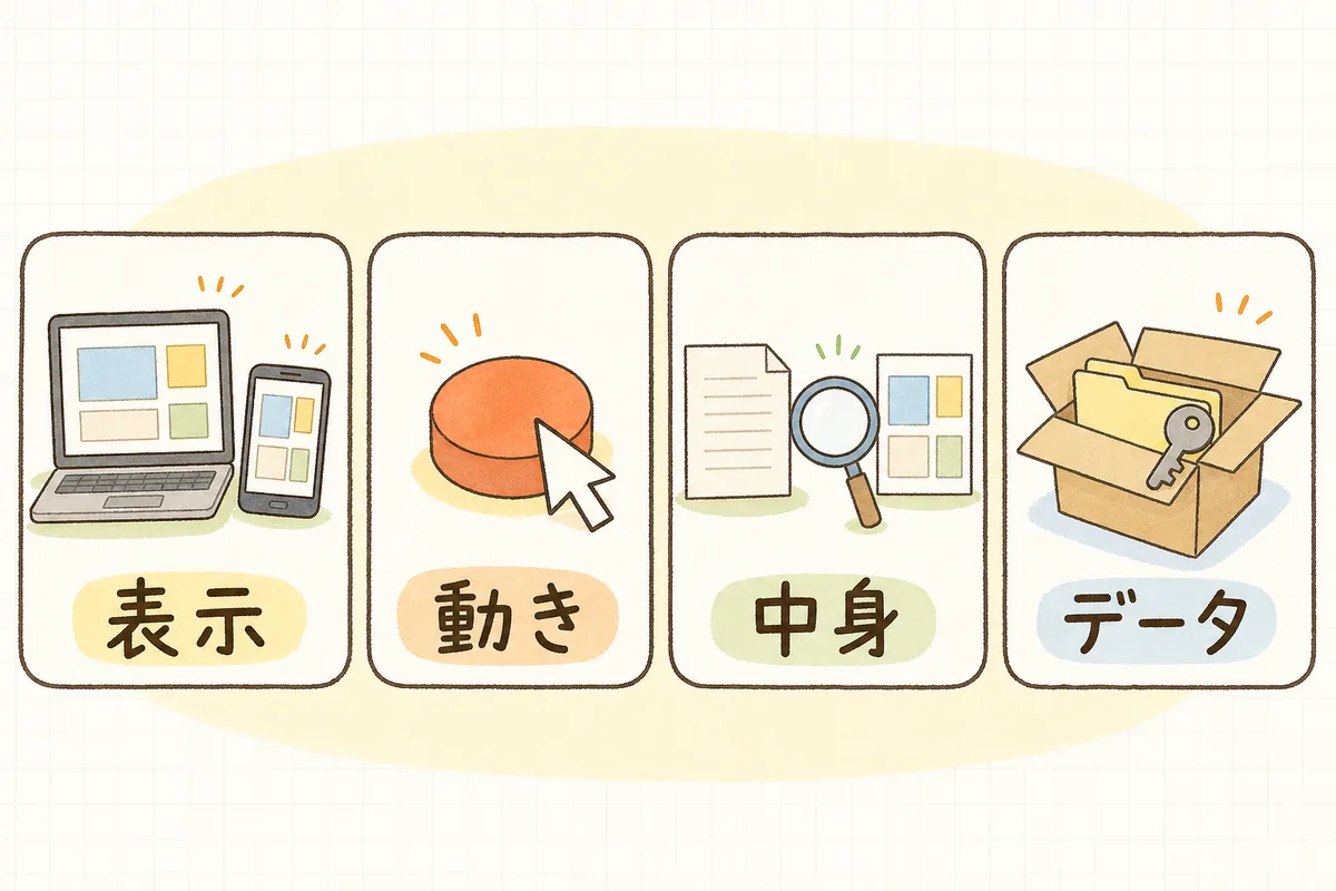検収で確かめる4つの観点を、表示・動き・中身・データの4枚のカードに分けて、それぞれに合う絵を添えて横に並べた概念図