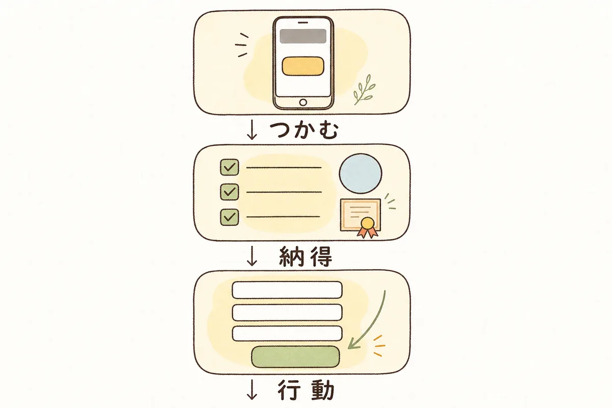 ランディングページを上から「つかむ」「納得」「行動」の3段に分けて構成することを示した縦並びの概念図