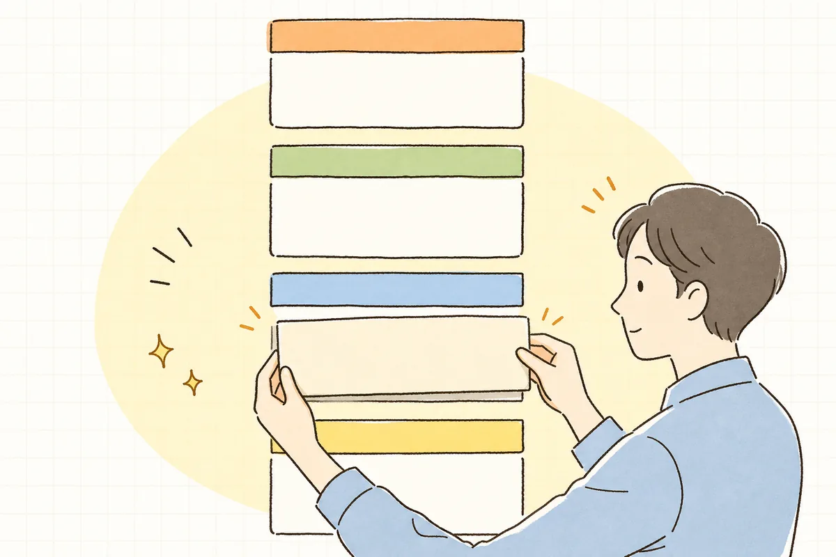 検索結果に並んだページの表紙に、内容を一言で伝える短い紹介カードを添えて、通りがかりの人に選んでもらおうとしているWEB担当者を表したイラスト