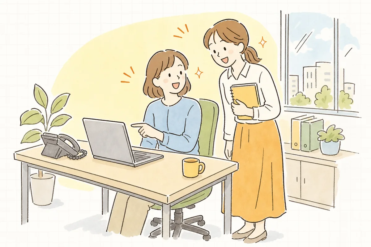 受電メモとアクセス解析の画面を見比べて、電話の問い合わせもサイトの成果だったとわかり、明るい表情で同僚と話している企業のWEB担当者