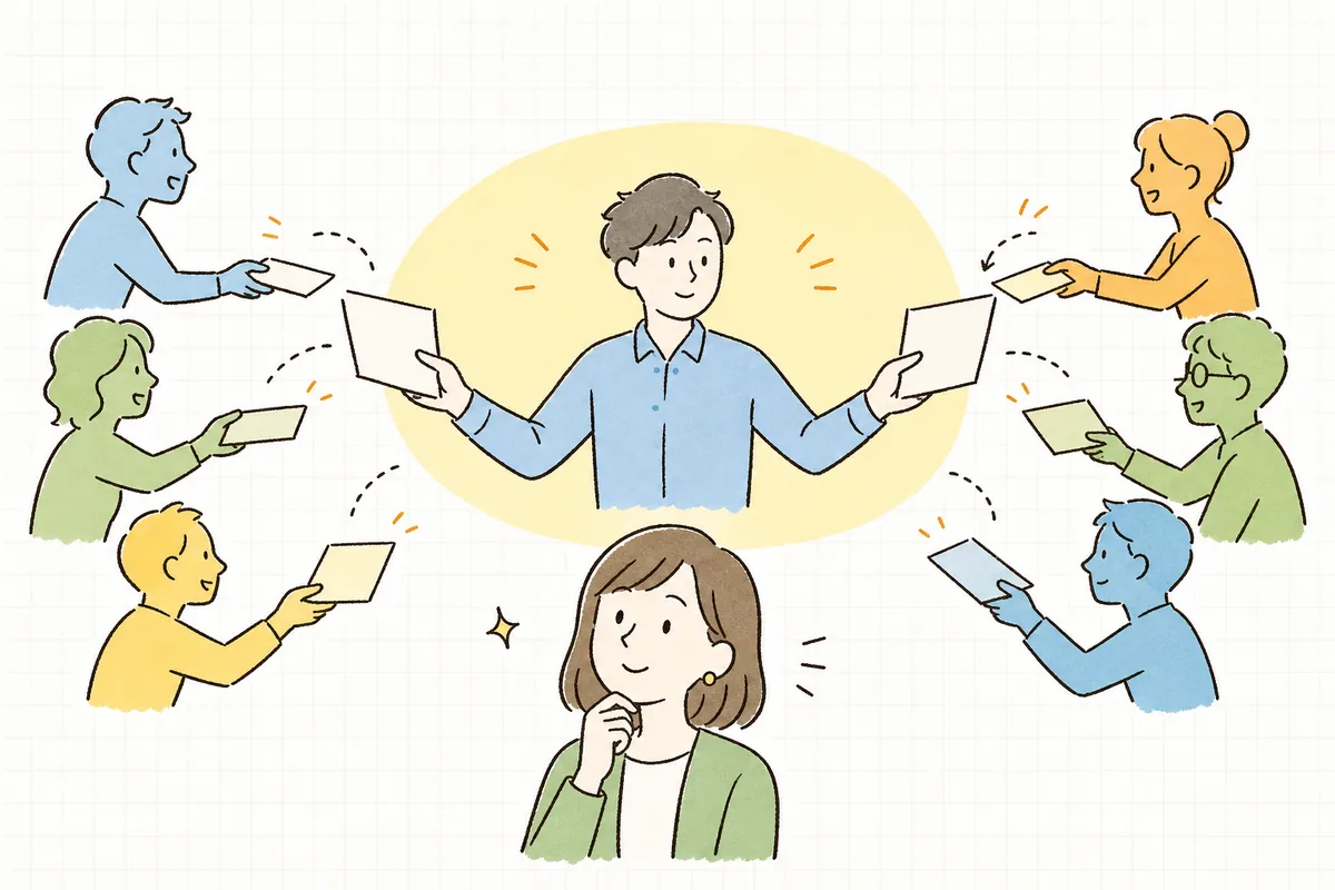 やりたいことや条件をまとめた一枚の依頼書を、複数の制作会社に同じ形で手渡し、それぞれから提案を受け取ろうとしているWEB担当者を表したイラスト