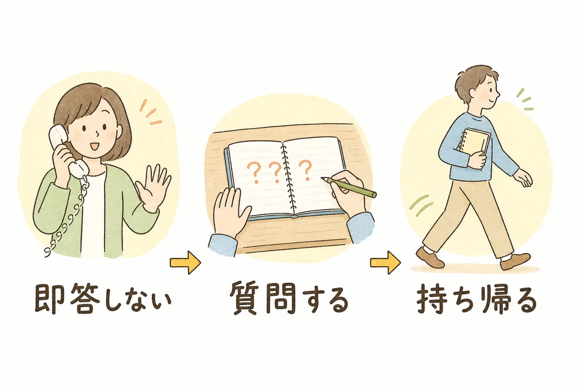 SEOの営業を受けたときの3つの動き「即答しない」「質問する」「持ち帰る」を左から順に並べた図