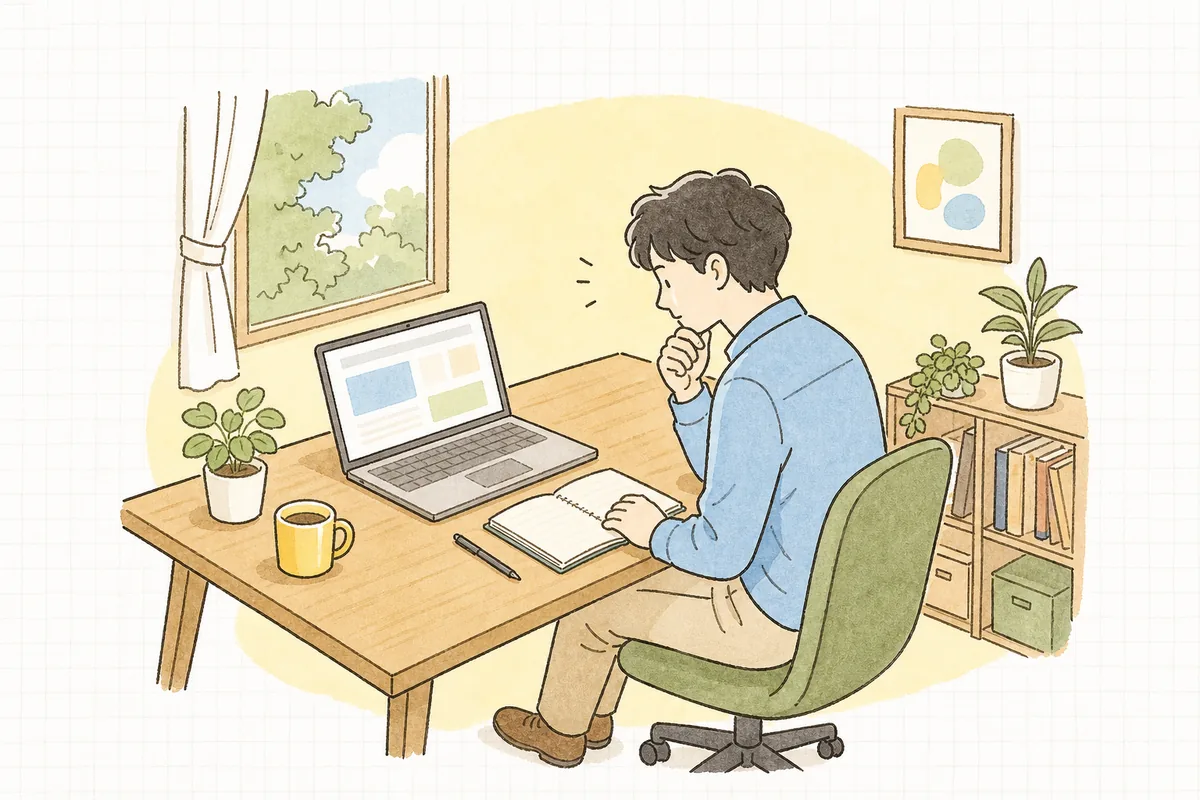 自社サイトの事業紹介ページをパソコンで開き、手元のメモと見比べながら「この書き方で伝わっているだろうか」と考えている企業のWEB担当者