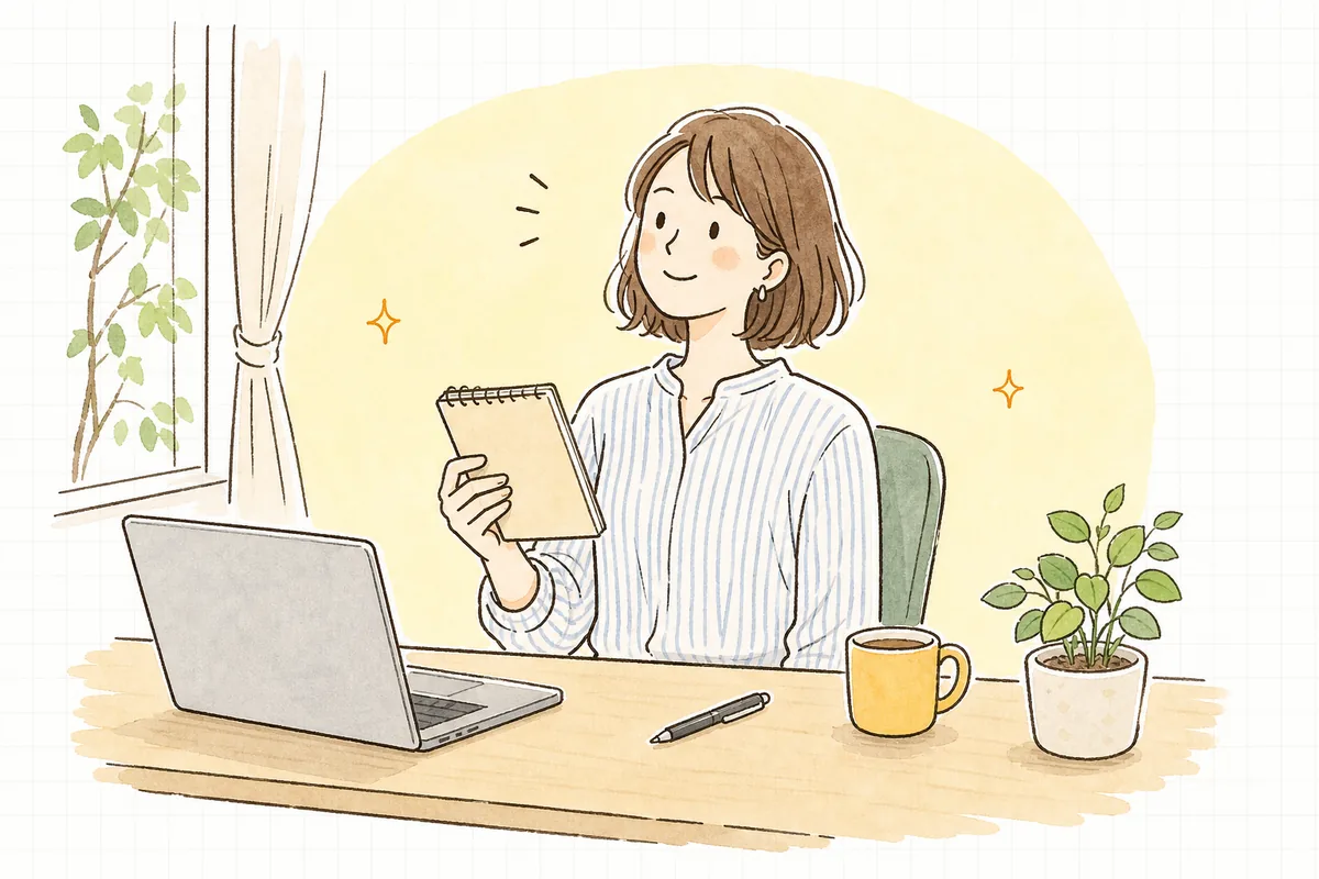 書き上げたサービスページの構成メモを手に持ち、少し顔を上げて穏やかな表情を見せている企業のWEB担当者