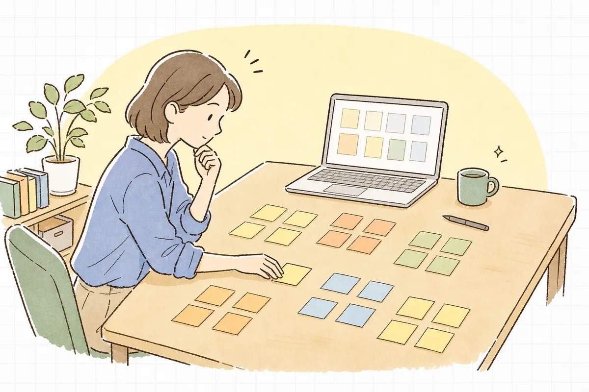 自社サイトのページ一覧を紙に書き出して、どのカテゴリに入れるか机の上で並べ替えている企業のWEB担当者