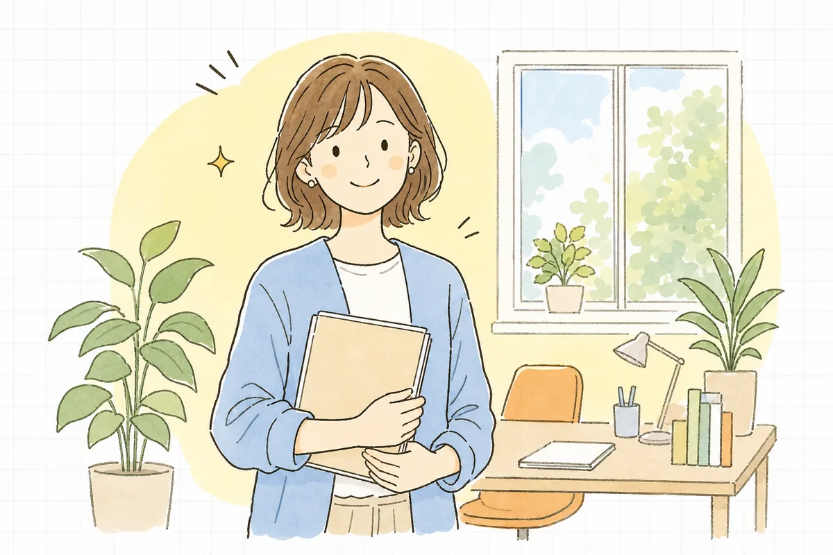 整理されたサイト運用マニュアルを手に、少し肩の力が抜けた表情で前を向く企業のWEB担当者