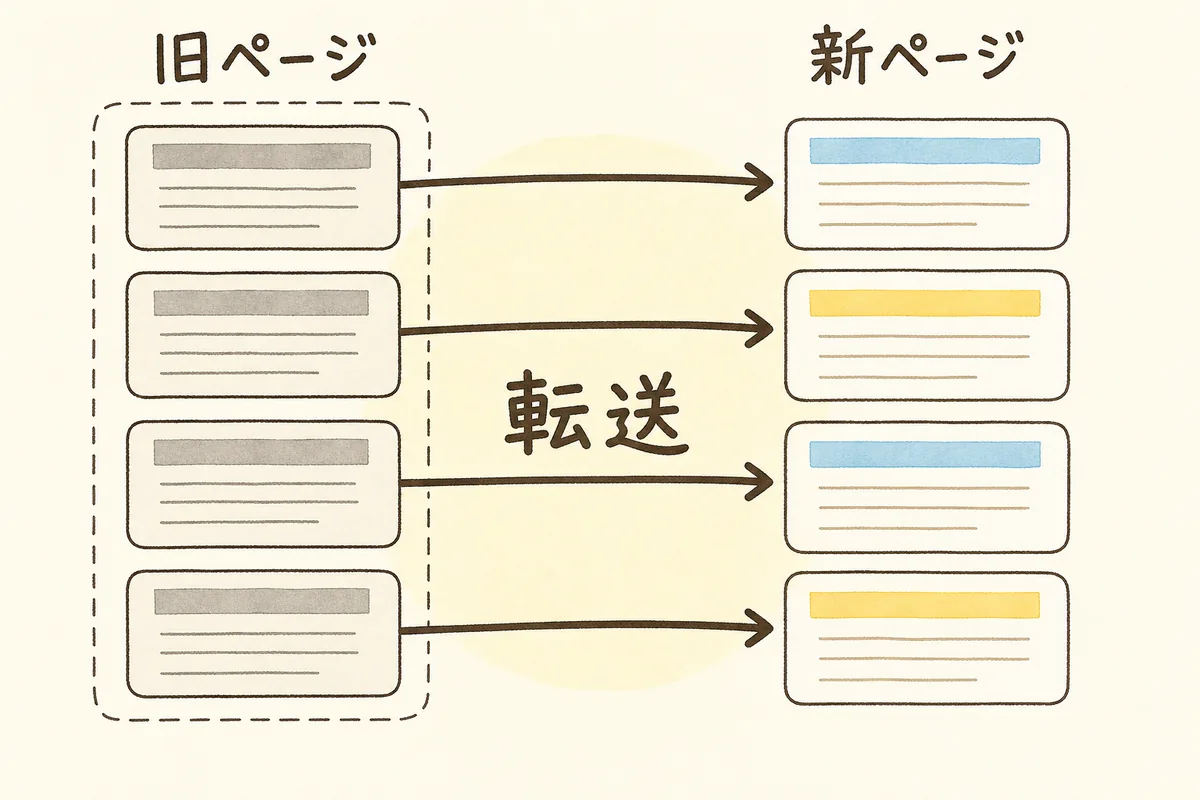 古いサイトのページと新しいサイトのページを一つずつ線でつないだ、URL移行の対応表を表す図