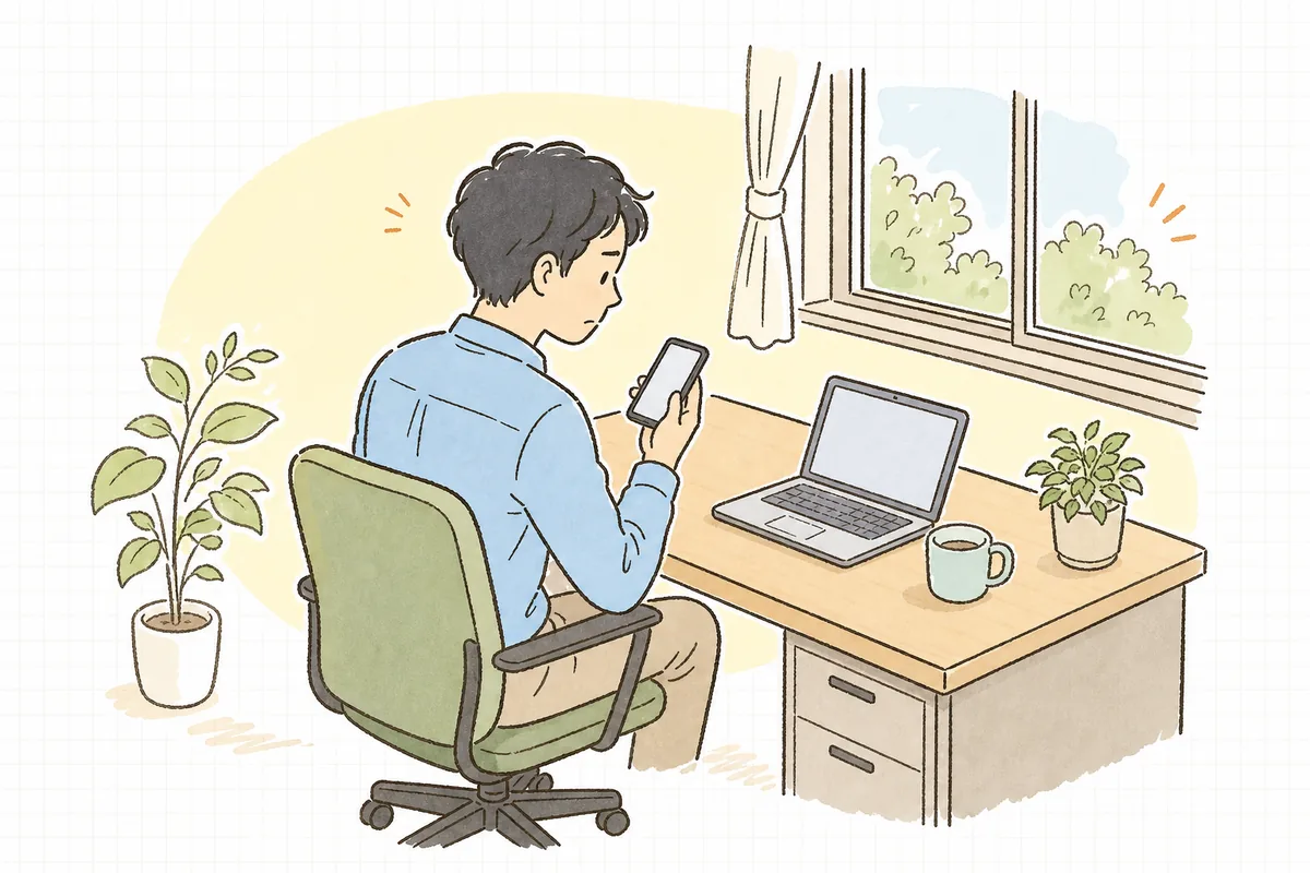自社サイトをスマートフォンで開いて、表示が出てくるのを少し待ちながら「なんだか遅いかも」と画面を見つめている企業のWEB担当者