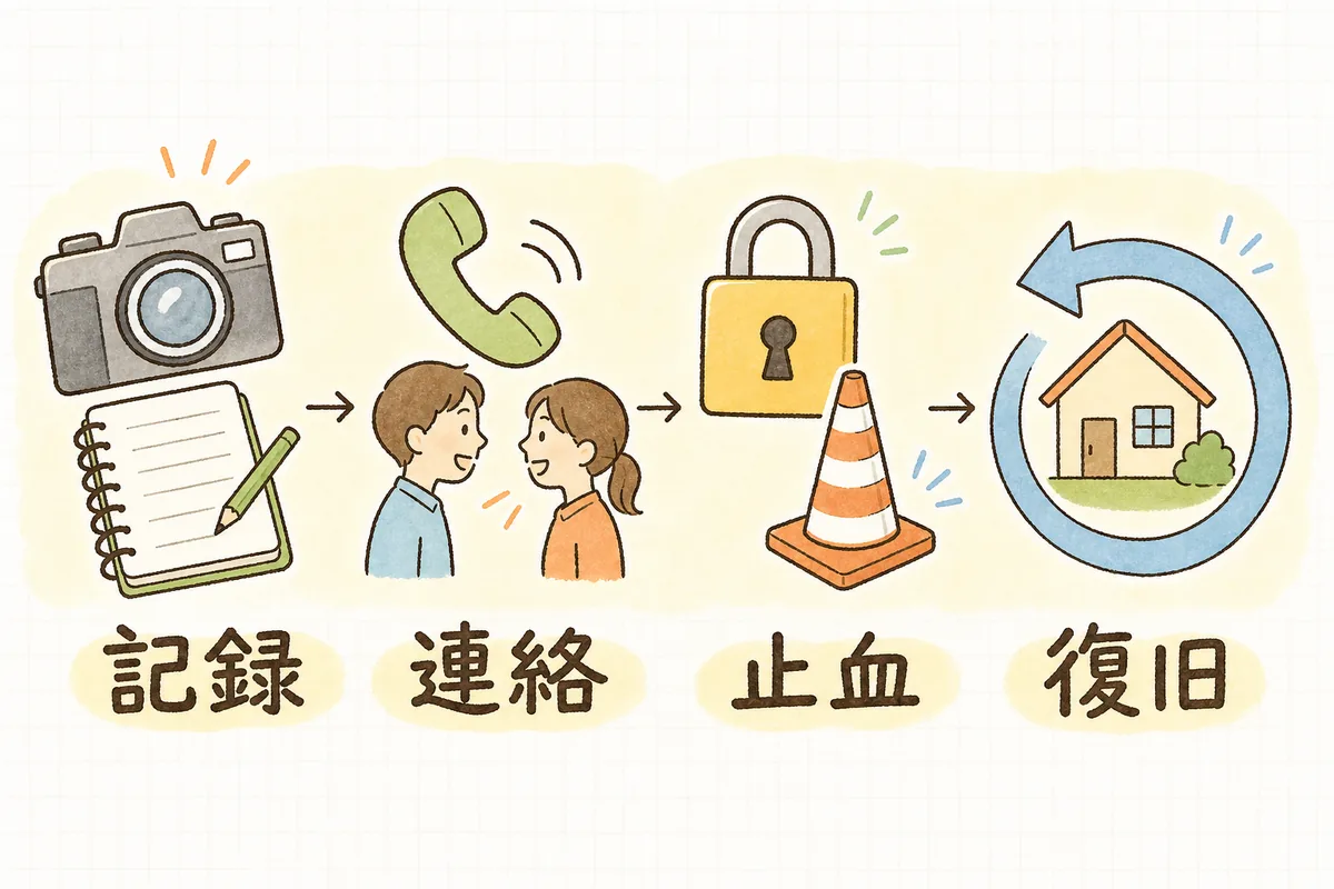 改ざんを疑ってから復旧までを「記録」「連絡」「止血」「復旧」の4段階に分けて、左から右へ順に並べた概念図