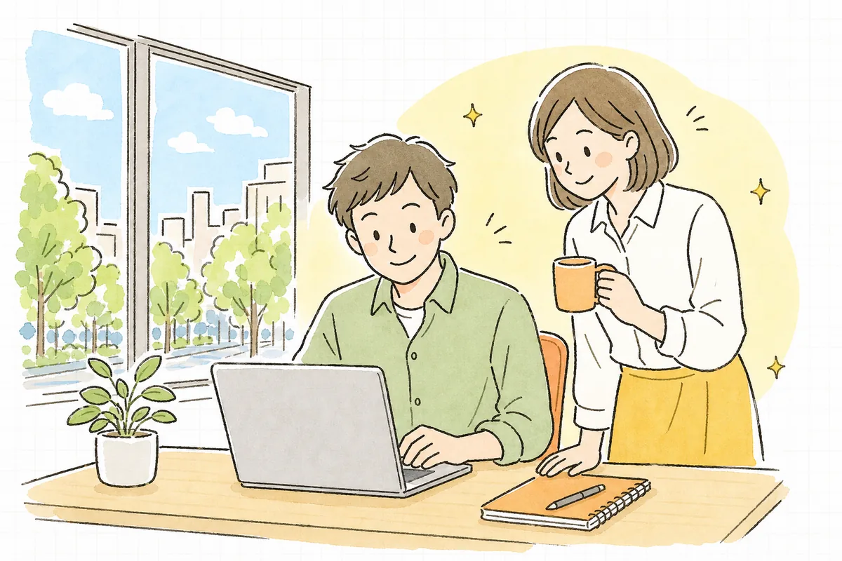 翌朝の明るいオフィスで、無事に復旧したサイトの画面を確認し、ほっとした表情で同僚と話している企業のWEB担当者