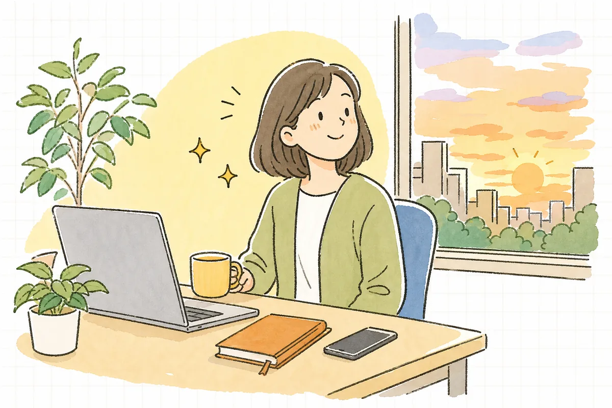 確認を終えて制作会社への返信を送り終え、自席でほっとした笑顔で背筋を伸ばしている企業のWEB担当者