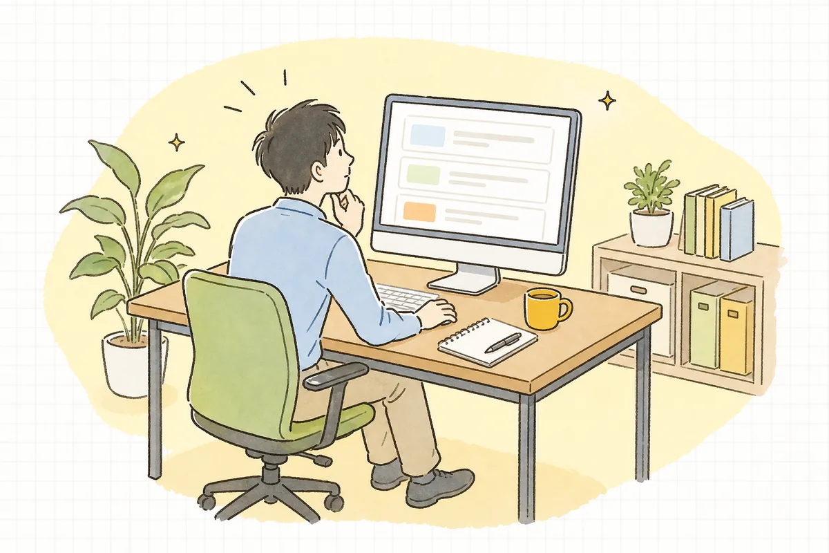 パソコンで自社サイトの検索結果の見え方を確かめながら、構造化データについて考えている企業のWEB担当者