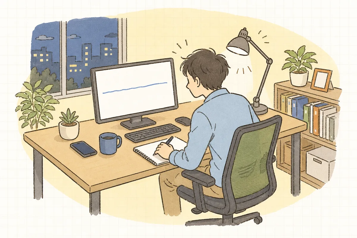 夜のオフィスでパソコンに向かい、メルマガに載せるリンクに印を付ける作業をしながら、どこから来た訪問か見分けたいと考えている企業のWEB担当者