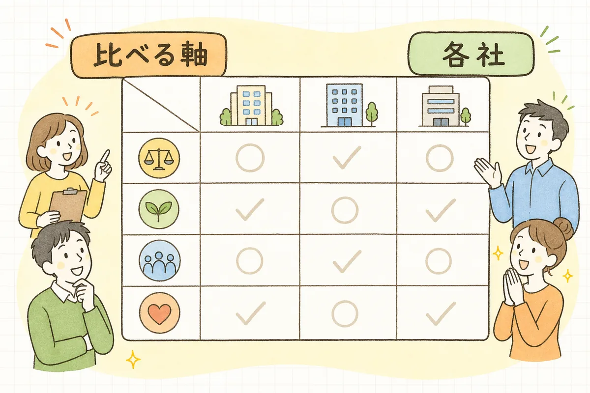 縦に評価項目、横に制作会社を並べ、同じ項目で各社を比べる比較表の構造をあらわした概念図