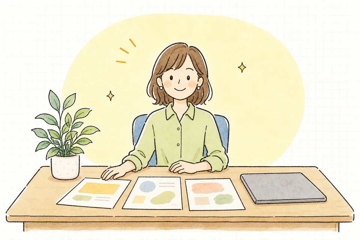 評価表を整理し終えて、納得した明るい表情で前を向いている企業のWEB担当者