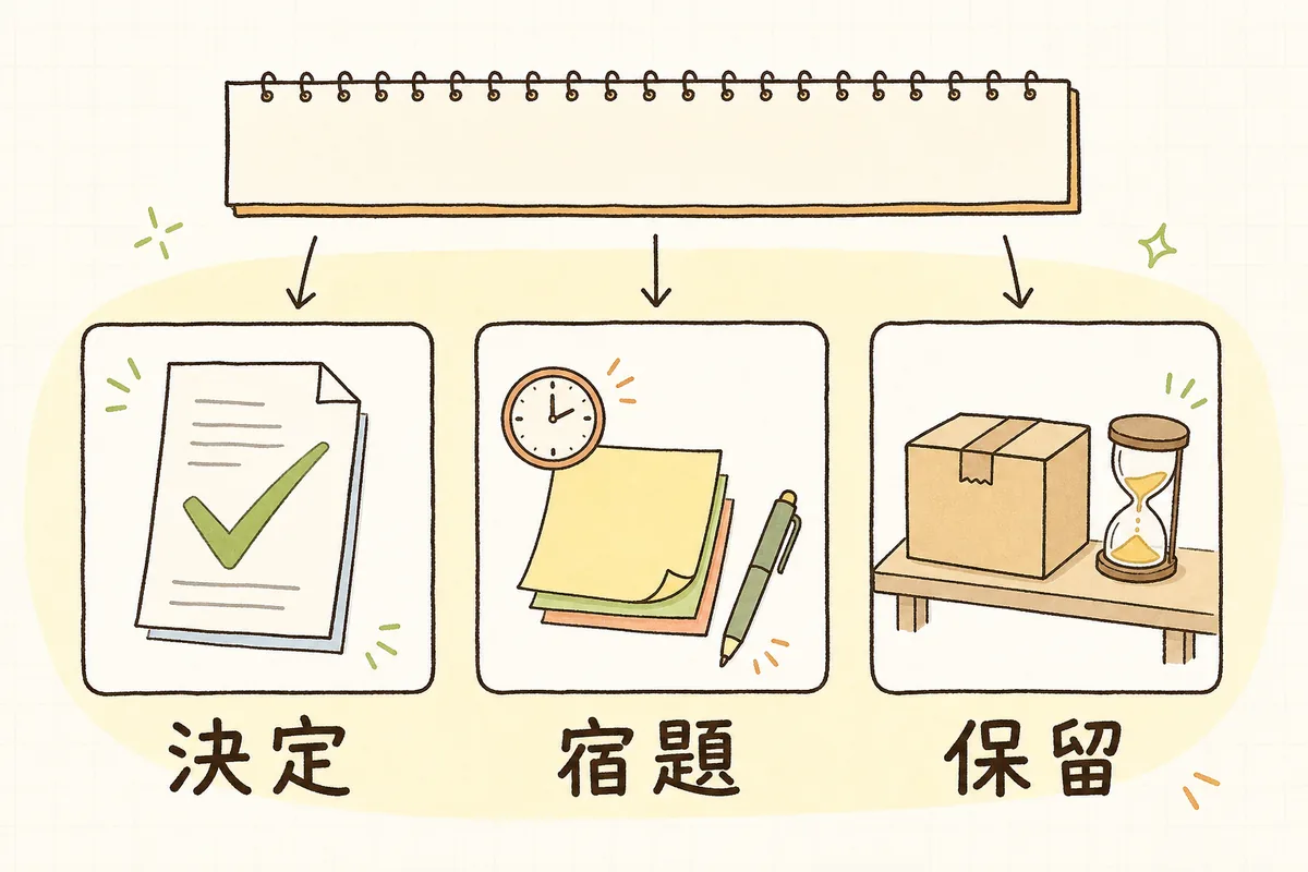 議事録を「決定」「宿題」「保留」の3つの枠に分け、それぞれに合う絵を添えて並べた概念図