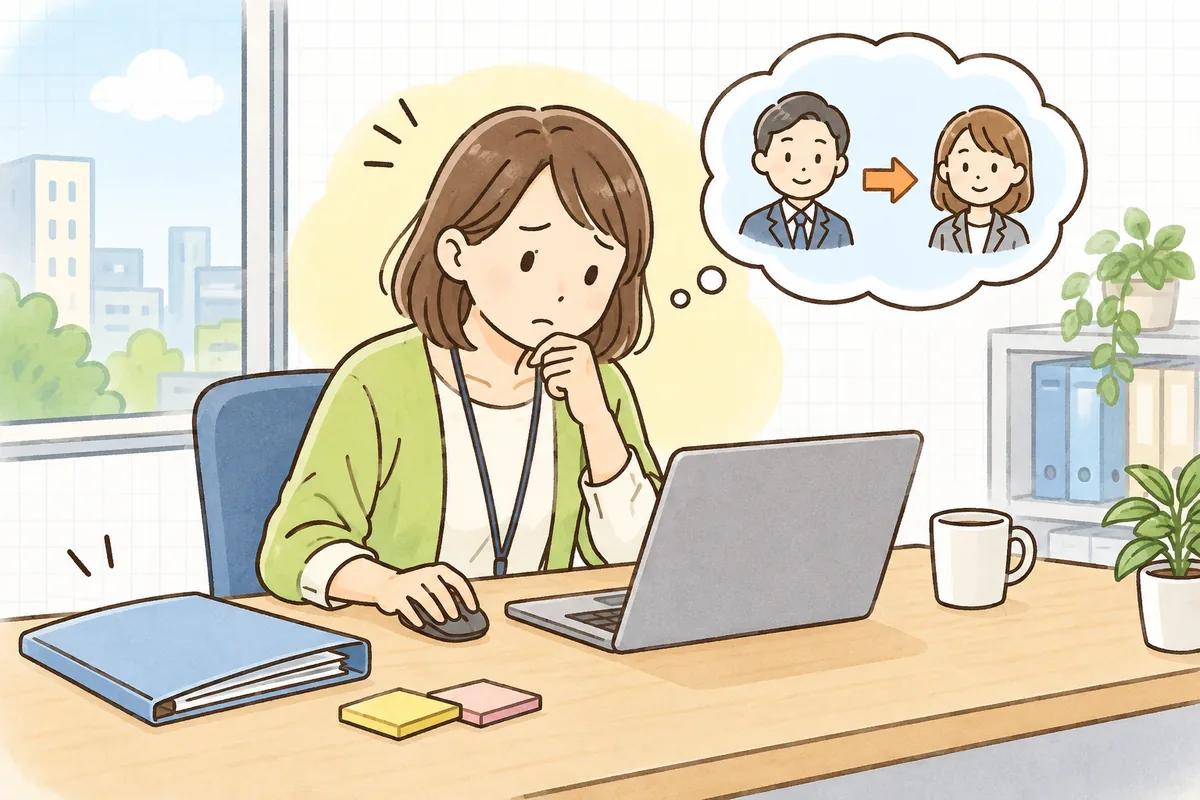 オフィスのデスクで、制作会社からの担当交代を知らせるメールをノートパソコンで読み、少し不安そうに考え込んでいる企業のWEB担当者