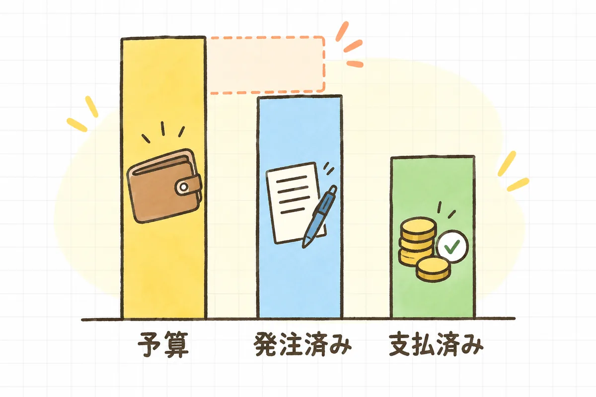 予算・発注済み・支払済みの3つの列を左から右へ並べ、発注済みの列から残りを確かめる予実管理の表のイメージ図