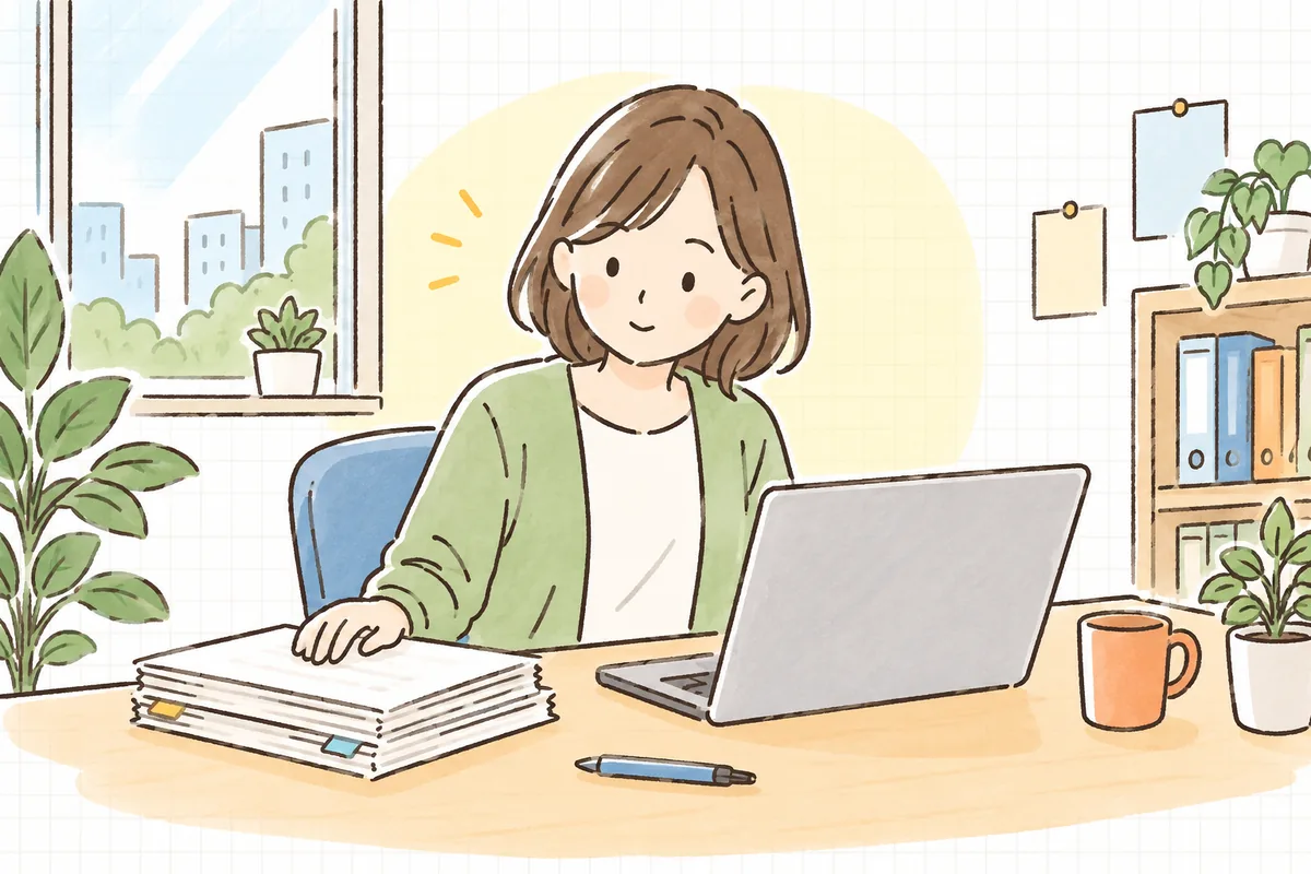 年度の途中、請求書の束とノートパソコンを前に、WEB予算があといくら残っているのか確かめようとしている企業のWEB担当者