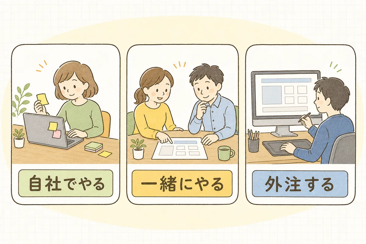 WEB運用の作業を「自社でやる」「一緒にやる」「外注する」の3つに分けて並べた概念図