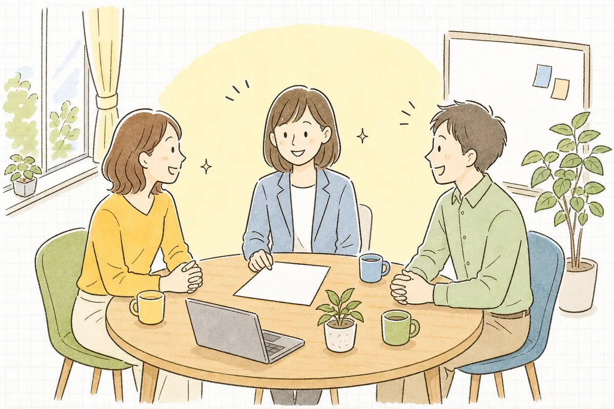 会議室で営業や広報の担当者と1枚の資料を囲み、和やかに笑顔で話し合っている企業のWEB担当者