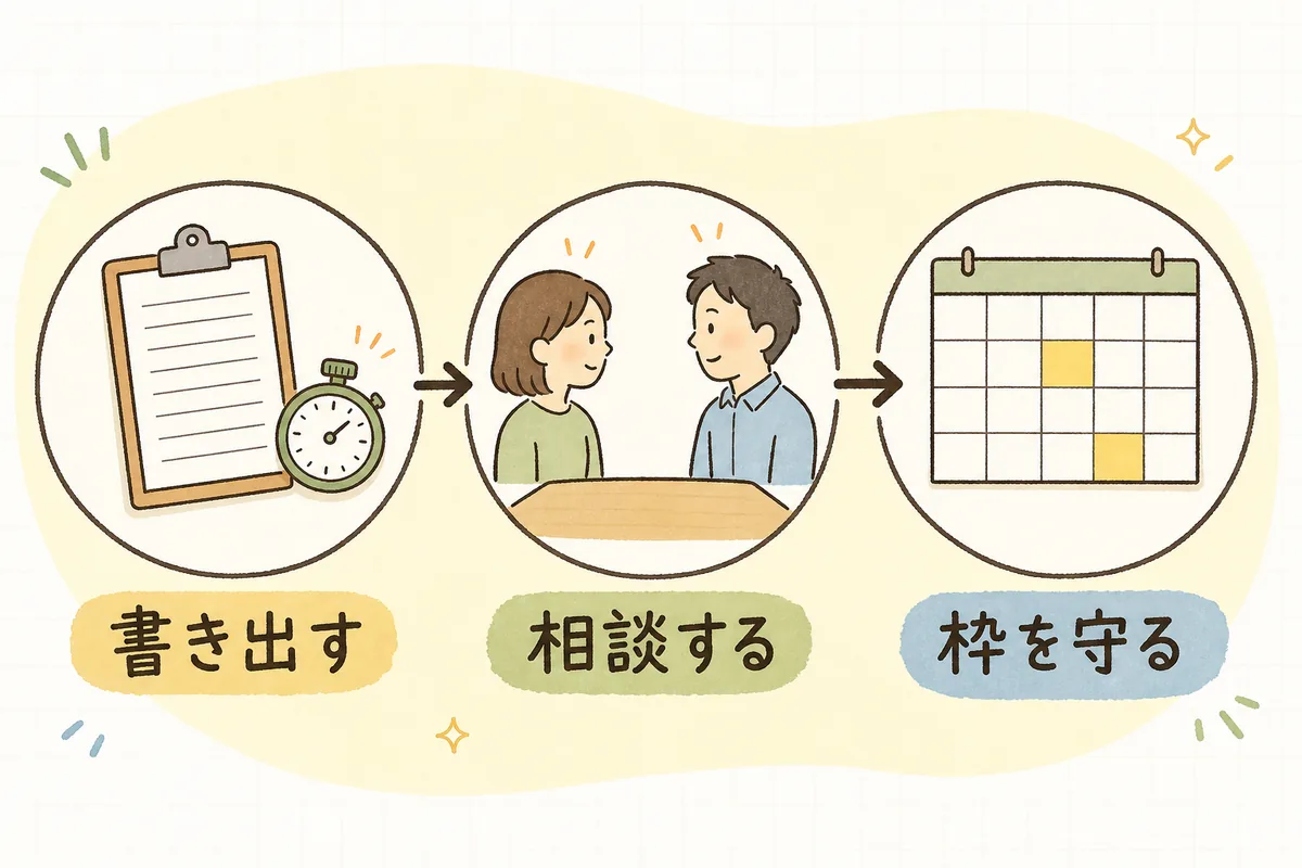 左から「書き出す」「相談する」「枠を守る」の3つのステップを、メモとストップウォッチ、机をはさんで話す2人、1つの枠に色が付いた週のカレンダーの絵で並べた概念図