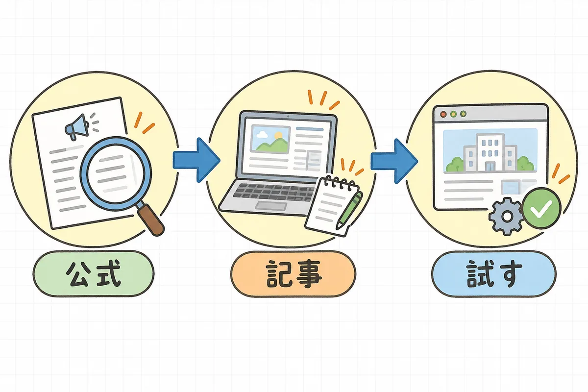 公式の発表を見る、実務の記事を読む、自社サイトで試すという3つの段階を、左から右へ矢印でつないだ週の習慣の流れ図