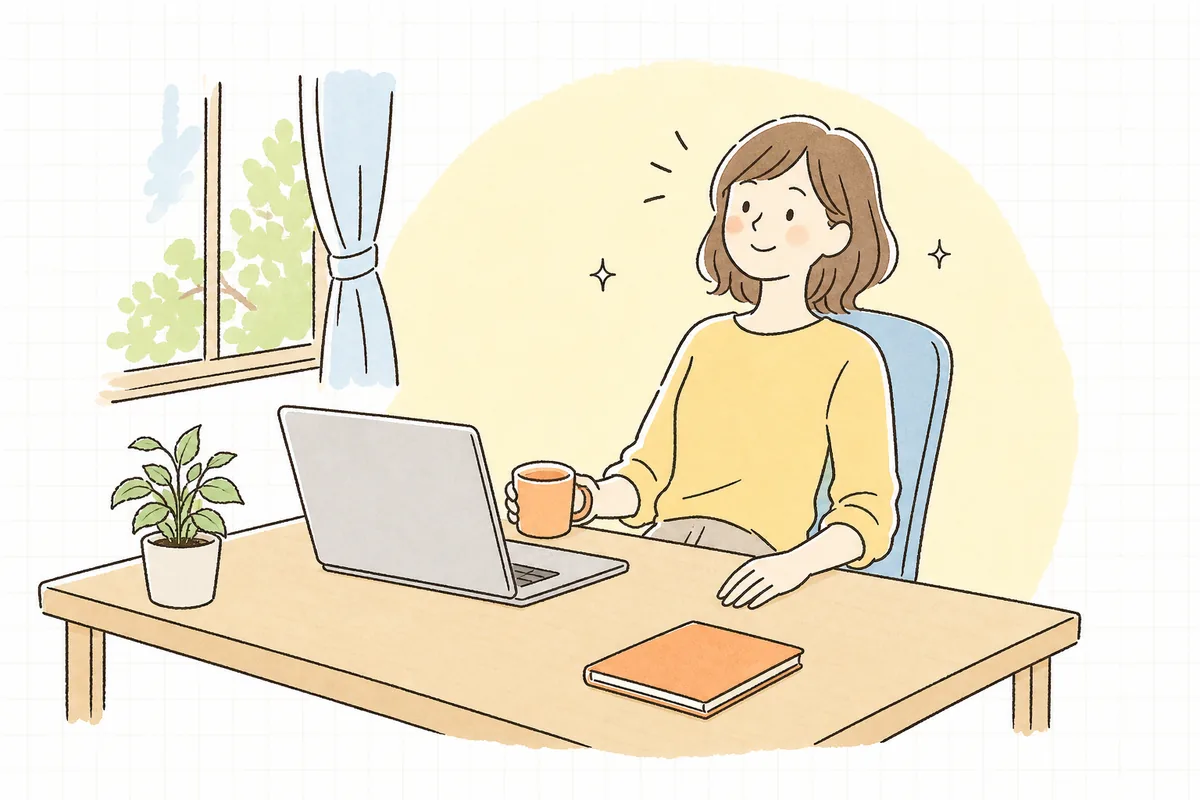 更新の設定を決め終えて、片づいた机で肩の力を抜き、穏やかな表情でひと息ついている企業のWEB担当者