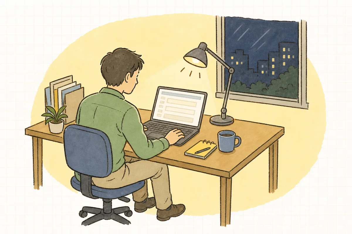 夜のオフィスで、Search Consoleの画面を開き「サイトマップってどこにあるんだろう」と静かに考えている企業のWEB担当者